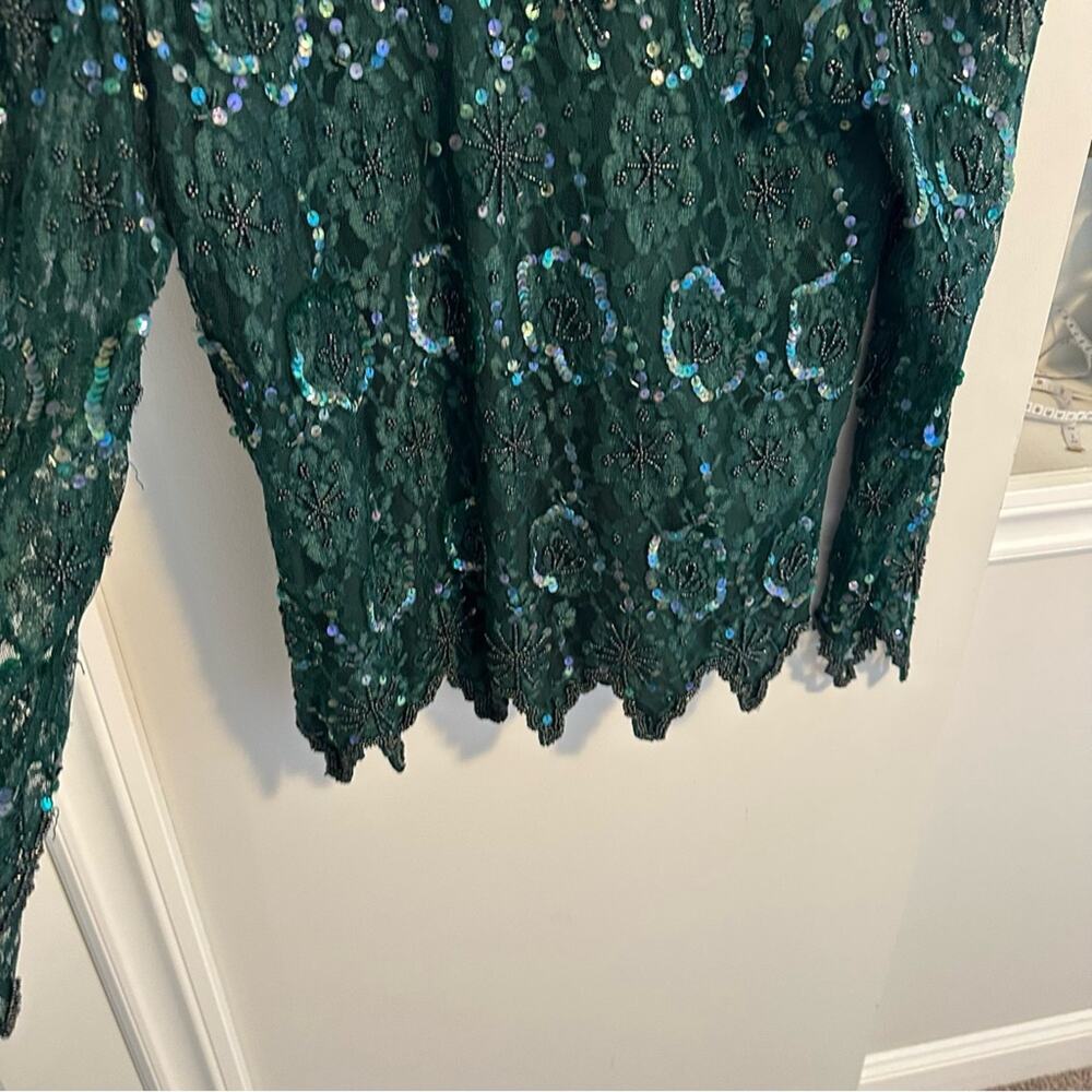 Vintage Laurence Kazar Green Beaded Sequin Shirt and Skirt Set PL - Picture 13 of 16